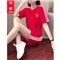珝嬛短裤女运动套装女夏新款时尚宽松韩版减龄遮肚学生短袖t恤热裤跑步两件套大码女装休闲裤女夏潮 红色 此码勿拍.请拍自身对应码数