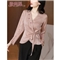 微尚瑶衬衫女秋季新款名媛风气质V领系带收腰钉珠上衣女时尚百搭优雅纯色长袖衬衫女7328 粉色 请拍正确尺码