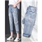 【2件特价】右昀 破洞牛仔裤女装九分裤宽松潮烂夏季薄款新款高腰显瘦春秋老爹乞丐裤子 浅蓝(正常腰) 28【适合106-110斤】