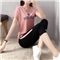 琴虞QY休闲裤女休闲运动服套装女夏季新款学生宽松绣花七分裤时尚短袖两件套 粉色 M【建议80-100斤左右】